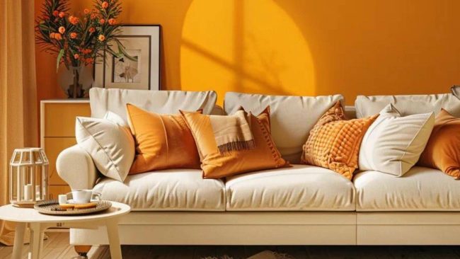 Bright orange accent wall with neutral couch and orange throw pillows – example of color psychology in interior paint choices.
