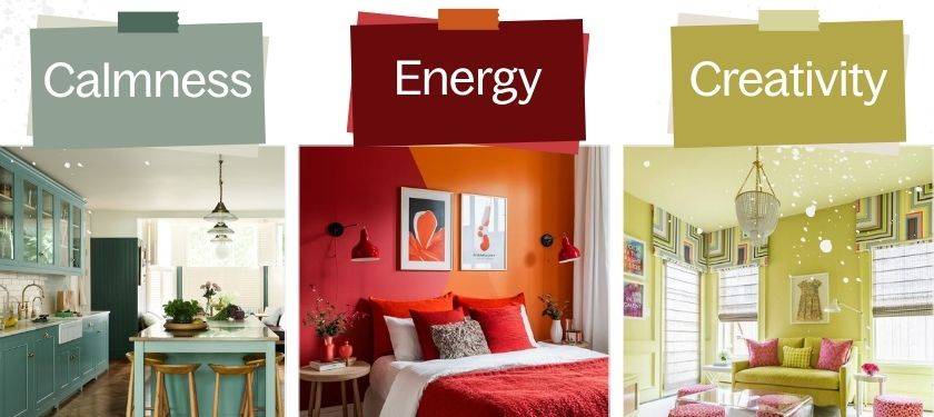 Color Psychology: Choosing The Right Paint Colors For Each Room 2 Interior rooms labeled with color psychology themes: calmness, energy, and creativity
