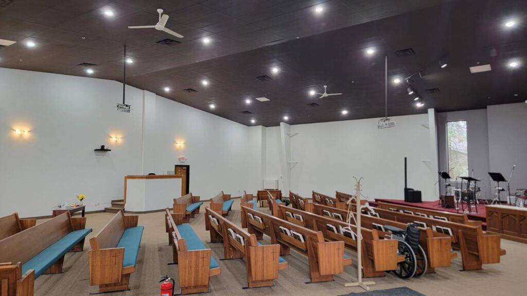 Church painting sanctuary stage painting — platform area and painted backdrop (Speese Painting)