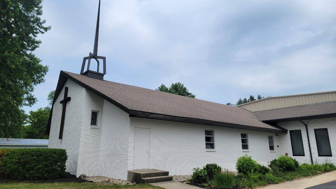 Church exterior painting and steeple — wide front view (Speese Painting)